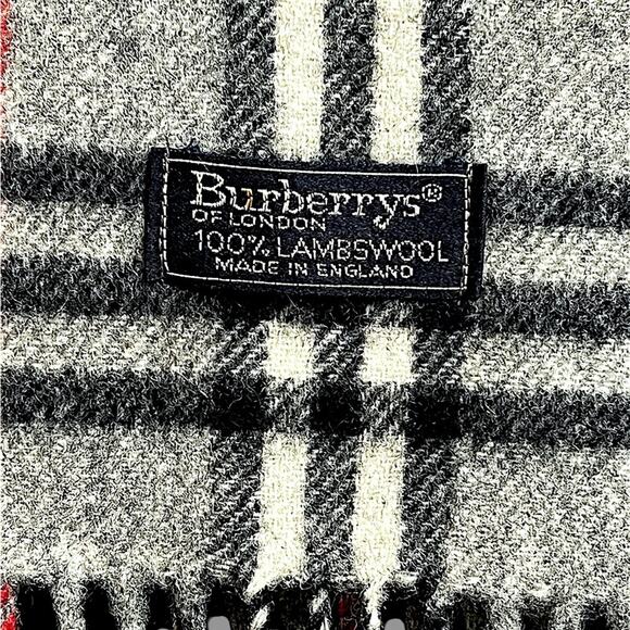 BURBERRYS OF LONDON 100% Lambswool Plaid Gray, Red, Black, Ivory Scarf 12x56” - Picture 12 of 16